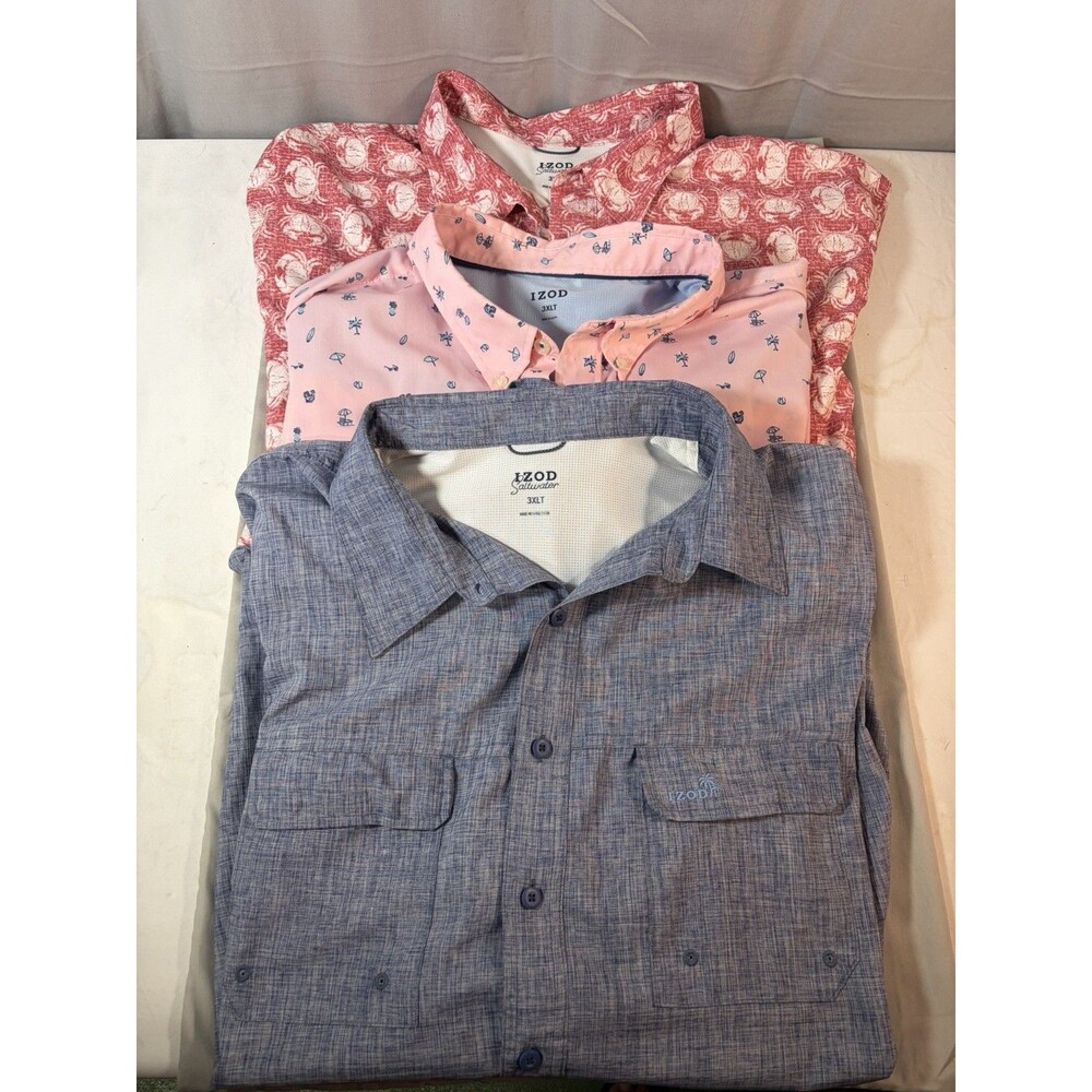 (3) IZOD Saltwater Men's XXXL Blue, Pink Red Button Down Short Sleeve Shirt 3XL